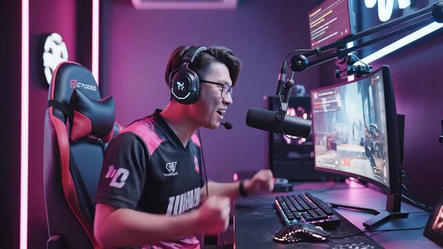 Professional gamer streaming online gameplay wearing headset and speaking into microphone in a gaming setup environment with multiple monitors.