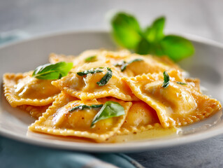 Plate of freshly cooked cheese ravioli pasta garnished with fresh basil leaves and drizzled with a rich buttery sauce on a white ceramic dish