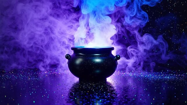 Magic cauldron with glowing smoke