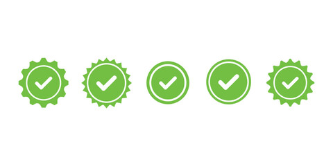 Green checkmark icons in various circular and starburst shapes for approval and confirmation symbols  isolated on white background
