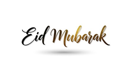 Fototapeta premium A festive Eid Mubarak greeting with elegant gold and black calligraphy on a white background