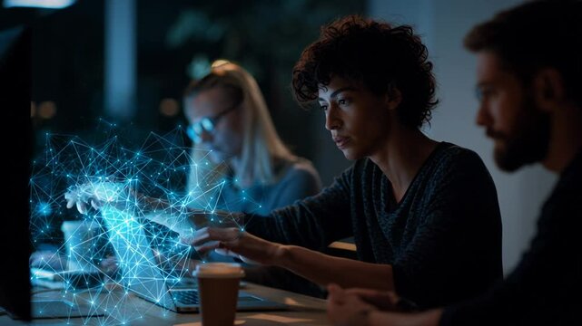 Modern digital workspace with luminous symbols and focused developers, Cuttingedge electronic displays showcase coding activities by concentrated