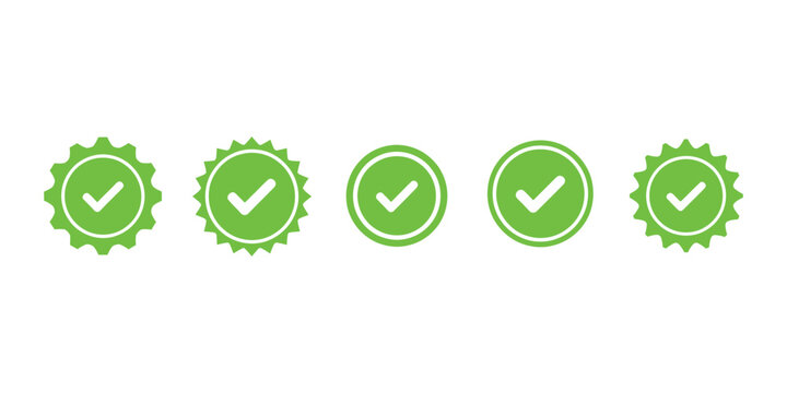 Green checkmark icons in various circular and starburst shapes for approval and confirmation symbols  isolated on white background