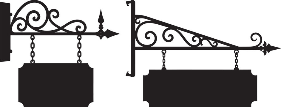 Set of two black silhouette vintage hanging shop signs with wrought iron brackets and chains, isolated on white