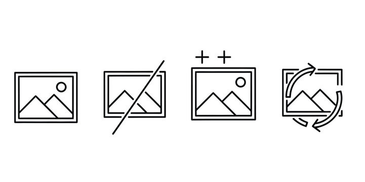 Four black line icons of photo editing actions  add delete rotate and copy image