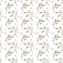 Spring seamless pattern, watercolor. Texture. Small spring flowers. Blooming. Summer. Pink, blue. Home textile, tablecloth. Print for fabric. Floral pattern.Еlegance to stationery, fabric, and digital