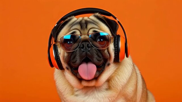 Pug dog wearing glasses and headphones