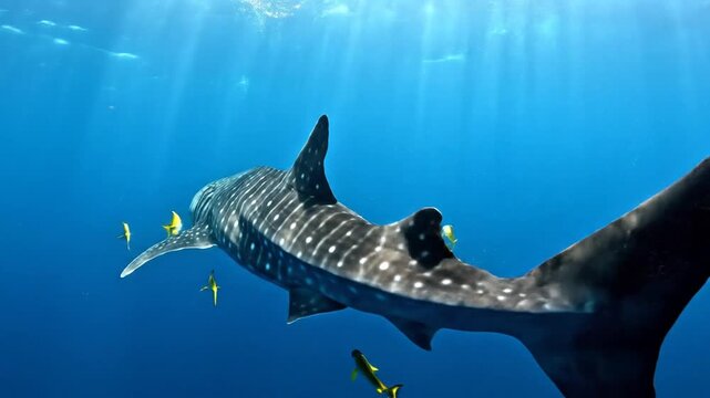 Whale shark swimming underwater with small yellow fish