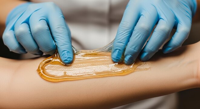 Sugar paste sugaring hair removal applied on woman arm by beautician hands in blue gloves. Body care and beauty spa salon procedure.