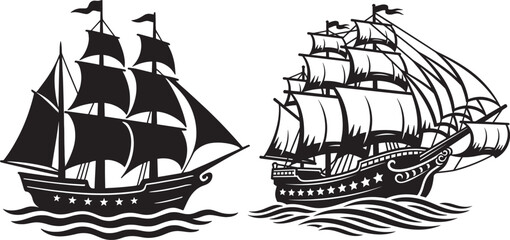 Black Silhouette of Two Vintage Sailing Ships Navigating Wavy Seas, Maritime Adventure Vector Illustration © NXTall