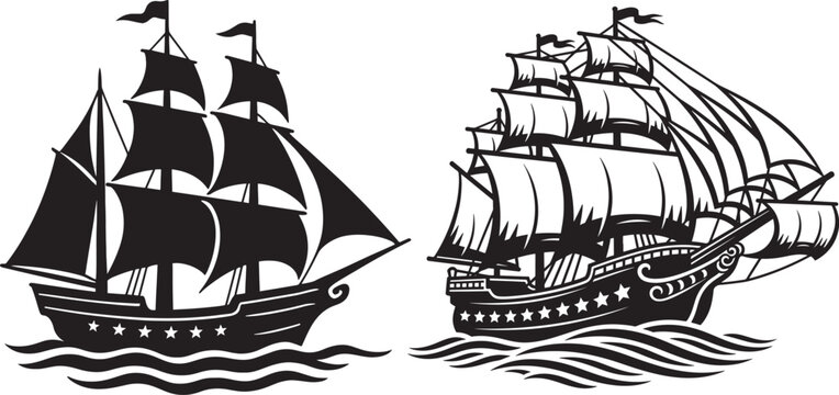 Black Silhouette of Two Vintage Sailing Ships Navigating Wavy Seas, Maritime Adventure Vector Illustration