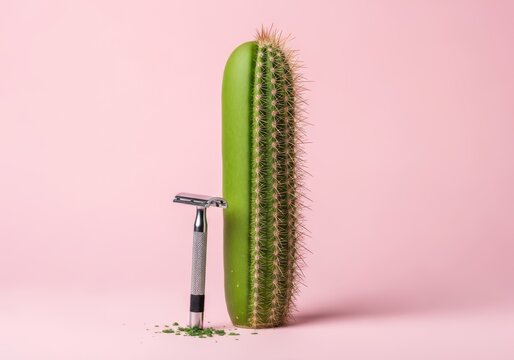Safety razor with removed cactus spines as concept of hair removal. Skincare and beauty treatment idea, sharp object for clean shave.