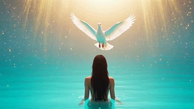 Woman in water with flying white dove