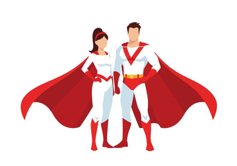 A digital illustration depicts a superhero couple standing confidently with capes flowing high quality professional detailed © arfanah02