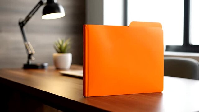 An orange file folder stands upright on a wooden desk in a modern office setting, illuminated by a desk lamp.