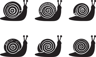 Set of six stylized black and white snail illustrations with intricate shell patterns, perfect for design elements. © NXTall