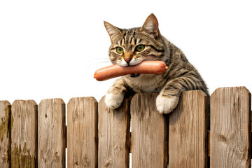 Obraz premium A cat with a sausage in its mouth is sitting on the fence. Space for text.