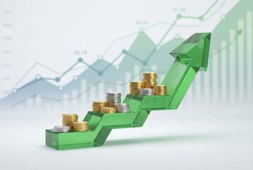 Fototapeta premium Green glass arrow with stacked coins representing financial growth on a background of rising graphs and charts illustrating economic trends and data analysis
