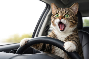 A surprised cat driving a car holds the steering wheel with its paws. Space for text.