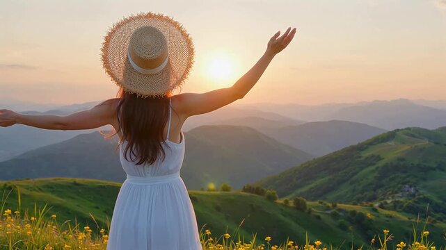 Woman in white dress with arms outstretched at sunset
