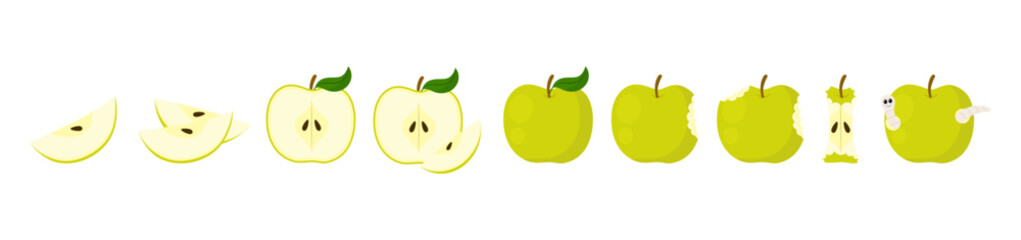 Green apple vector set with whole, half, sliced, bitten shapes and a worm, isolated flat illustration