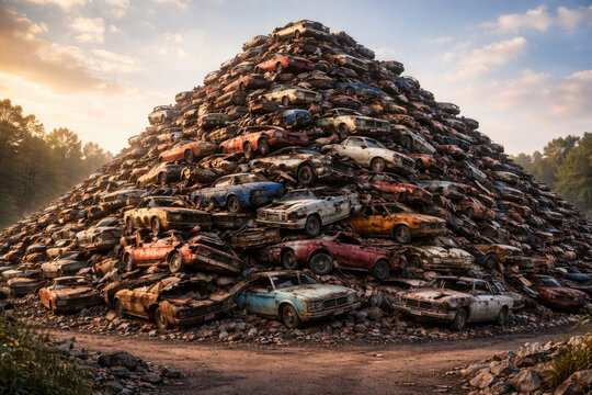 A huge mountain of old cars in a scrap yard.