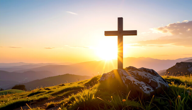 Kreuz auf H&uuml;gel bei Sonnenaufgang &ndash; christlicher Osterhintergrund