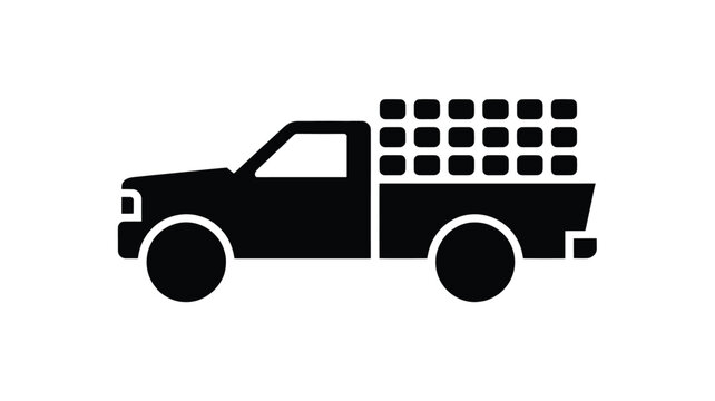 Modern pickup truck with cargo in simple black icon style