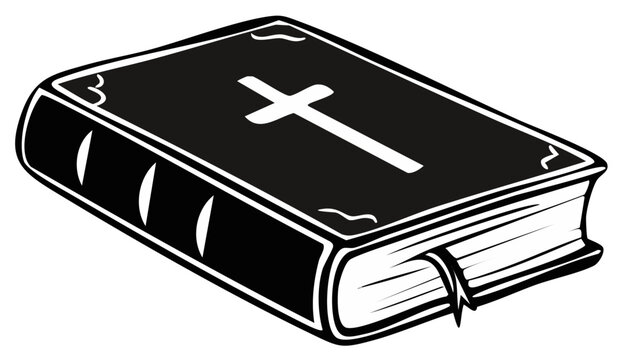 A closed Holy Bible with a Christian cross on the cover shown in a bold black and white graphic illustration