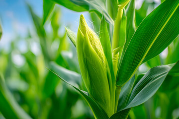 Fototapeta premium Fresh green corn ears growing on tall stalks in a sunlit agricultural field with vibrant leaves and blue sky in the background during summer season