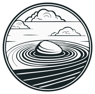 Circular Zen Garden Illustration with Rock, Water Ripple and Clouds for Meditative Calmness