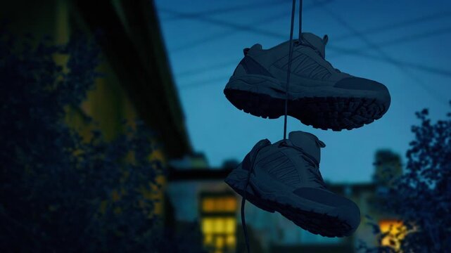 Shoes Hanging Near Buildings In The Evening Urban Detail