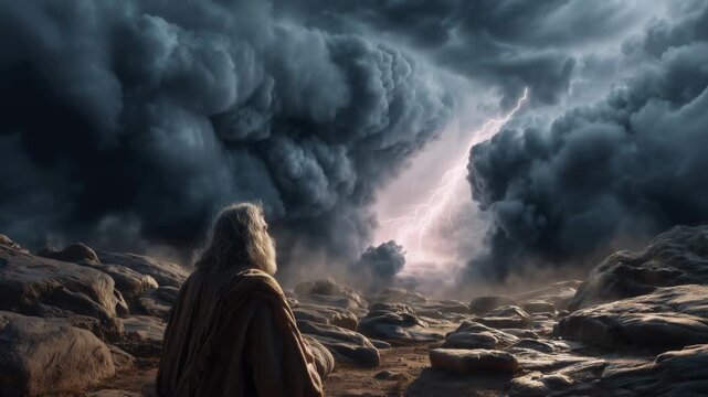 Moses stands on rocks as clouds gather above, witnessing a storm in the wilderness during an important moment in history