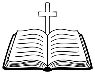 Open Holy Bible with Christian Cross symbolizing faith and spirituality in a simple line drawing illustration