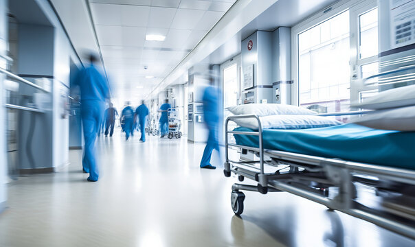 A hospital bed in the corridor of a busy hospital with people walking past