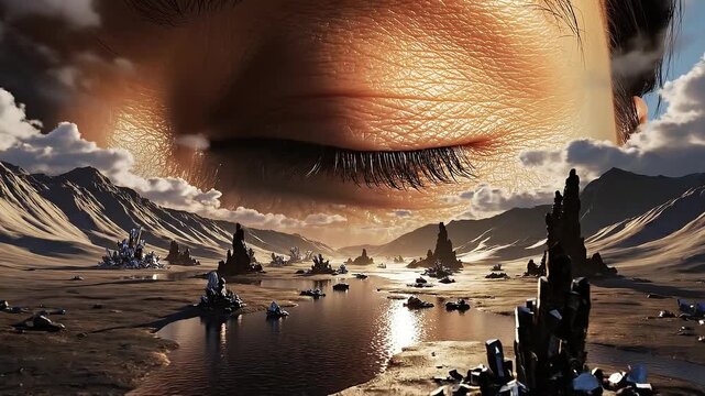 Surreal landscape with eye and mystical light rays