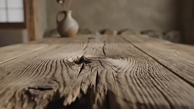 Rustic wooden table in a wabi sabi inspired interior space