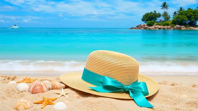 Beach hat with shells and ocean view
