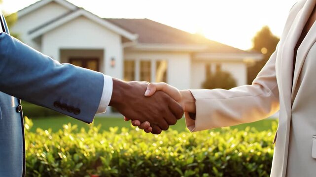 Diverse business professionals shaking hands in front of a modern home at sunset