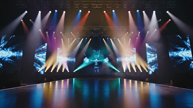 Modern stage lighting setup with multiple led screens and vibrant colors for concerts and events production performance.