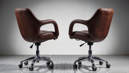 Two modern brown leather office chairs on gray background  