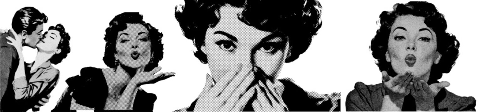 Vintage halftone valentine romance couples kissing and women blowing kisses retro collage set