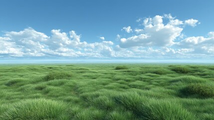 Obraz premium Expansive Green Grassland Under Bright Blue Sky with Fluffy White Clouds on a Clear Day Ideal for Nature and Landscape Photography Projects