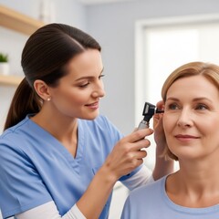 Woman doctor examining ear of woman patient with otoscope in clinic for hearing health checkup and medical diagnosis