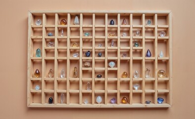 Wooden display shelf filled with various gemstones on orange wall  