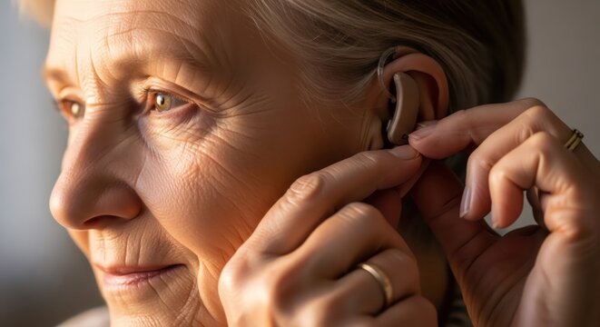Caucasian senior woman wearing hearing device getting aid. Elderly female with problem putting on an apparatus for better sound. Health care concept.