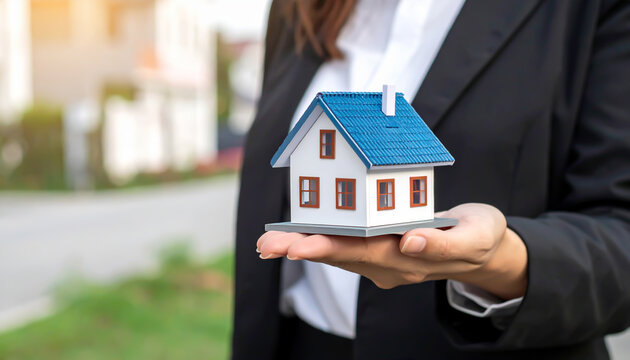 Immobilienmaklerin h&auml;lt Hausmodell in den H&auml;nden, Konzept f&uuml;r Hauskauf und Immobilienverkauf