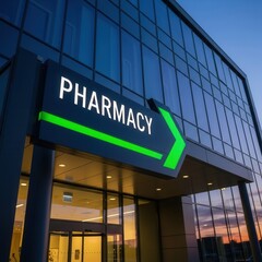 Fototapeta premium Modern Pharmacy Exterior Signage Illuminated, Featuring Glass Facade and Nighttime Ambiance