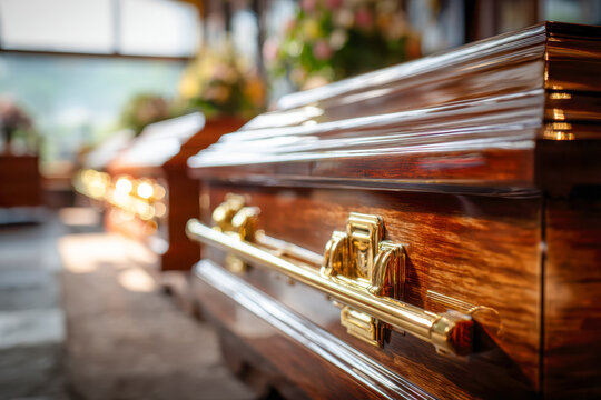 Polished wooden caskets with golden handles displayed in a well-lit room symbolizing traditional funeral arrangements and respectful memorial services