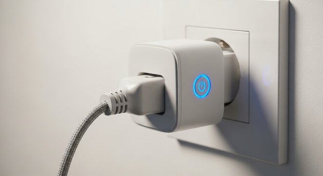 smart plug with glowing indicator in modern wall socket for home automation energy saving